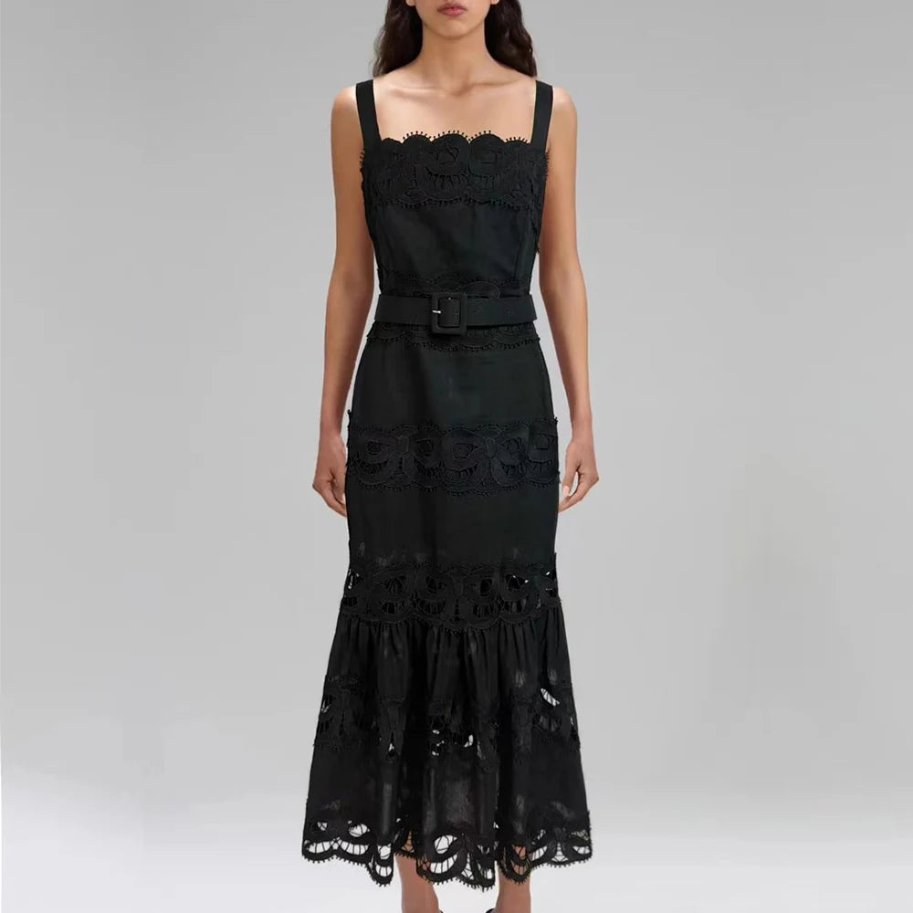 Elegant Solid Hollow Out Square Neck Sleeveless Patchwork Lace Dress