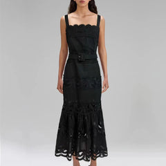 Elegant Solid Hollow Out Square Neck Sleeveless Patchwork Lace Dress