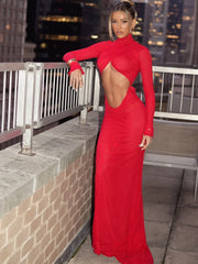 Elegant Solid Hollow Out Turtleneck Full Sleeves Slim Long Vestidos Robes Dress