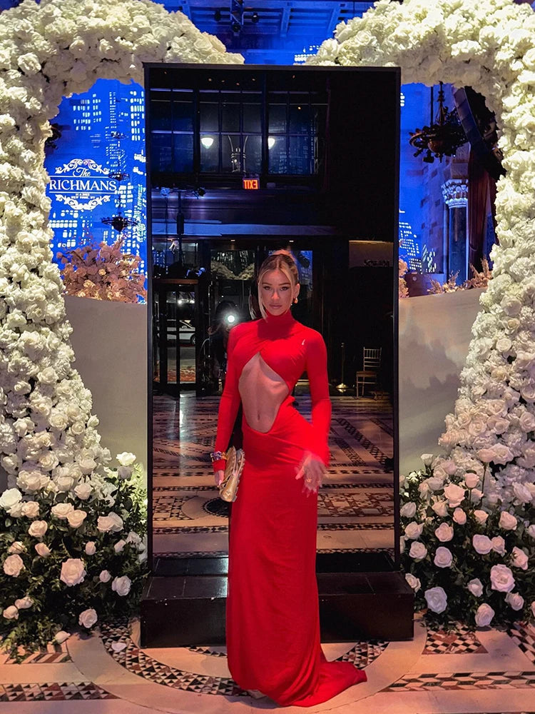 Elegant Solid Hollow Out Turtleneck Full Sleeves Slim Long Vestidos Robes Dress