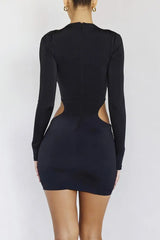 Elegant Solid Hollow O-Neck Long Sleeve Party Club Skinny Mini Dress