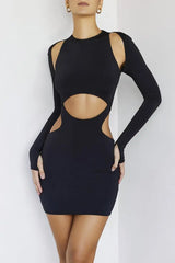 Elegant Solid Hollow O-Neck Long Sleeve Party Club Skinny Mini Dress