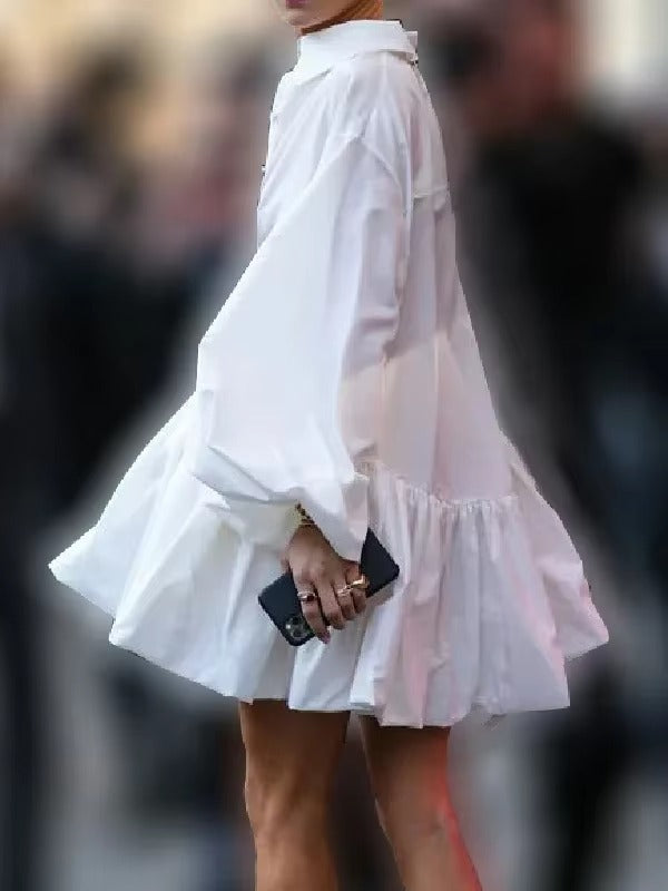 Elegant Solid Long Puff Sleeves Pleated Retro Office Lady Mini Lapel Shirts Dresses