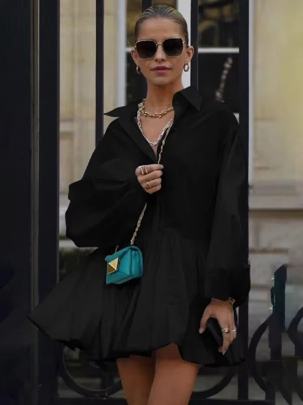 Elegant Solid Long Puff Sleeves Pleated Retro Office Lady Mini Lapel Shirts Dresses