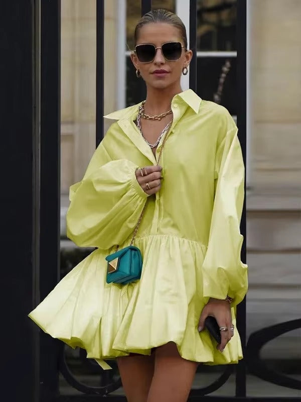 Elegant Solid Long Puff Sleeves Pleated Retro Office Lady Mini Lapel Shirts Dresses