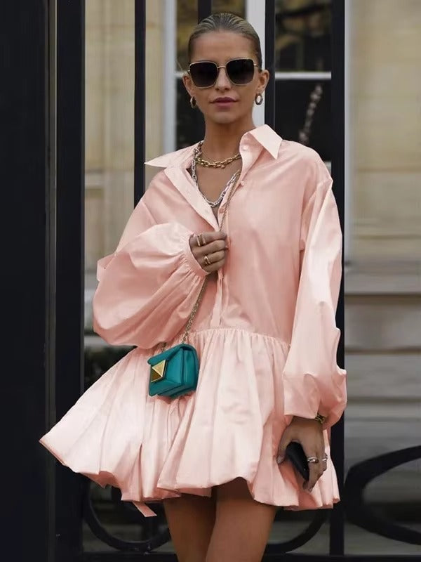 Elegant Solid Long Puff Sleeves Pleated Retro Office Lady Mini Lapel Shirts Dresses