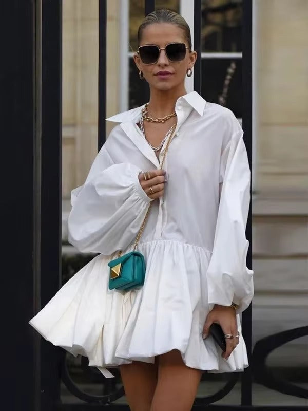 Elegant Solid Long Puff Sleeves Pleated Retro Office Lady Mini Lapel Shirts Dresses