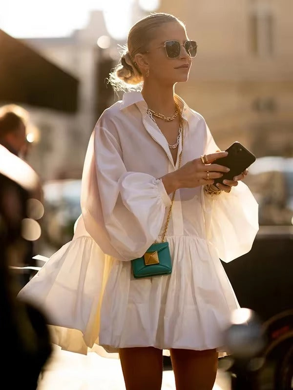 Elegant Solid Long Puff Sleeves Pleated Retro Office Lady Mini Lapel Shirts Dresses