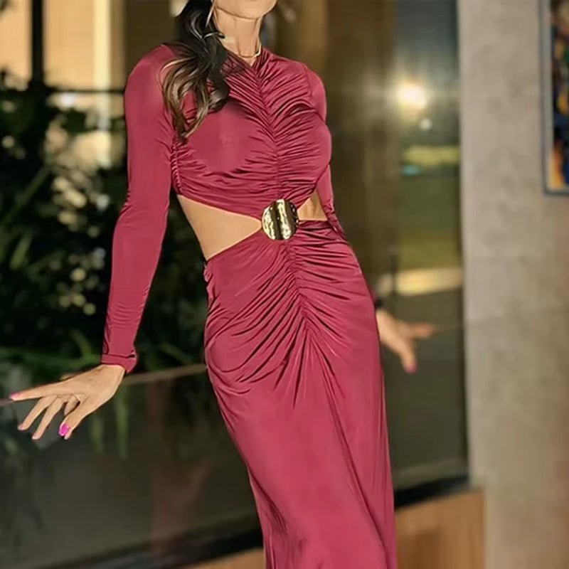 Elegant Solid Long Sleeve Round Neck Hollow Out Pleated Irregular Maxi Dress