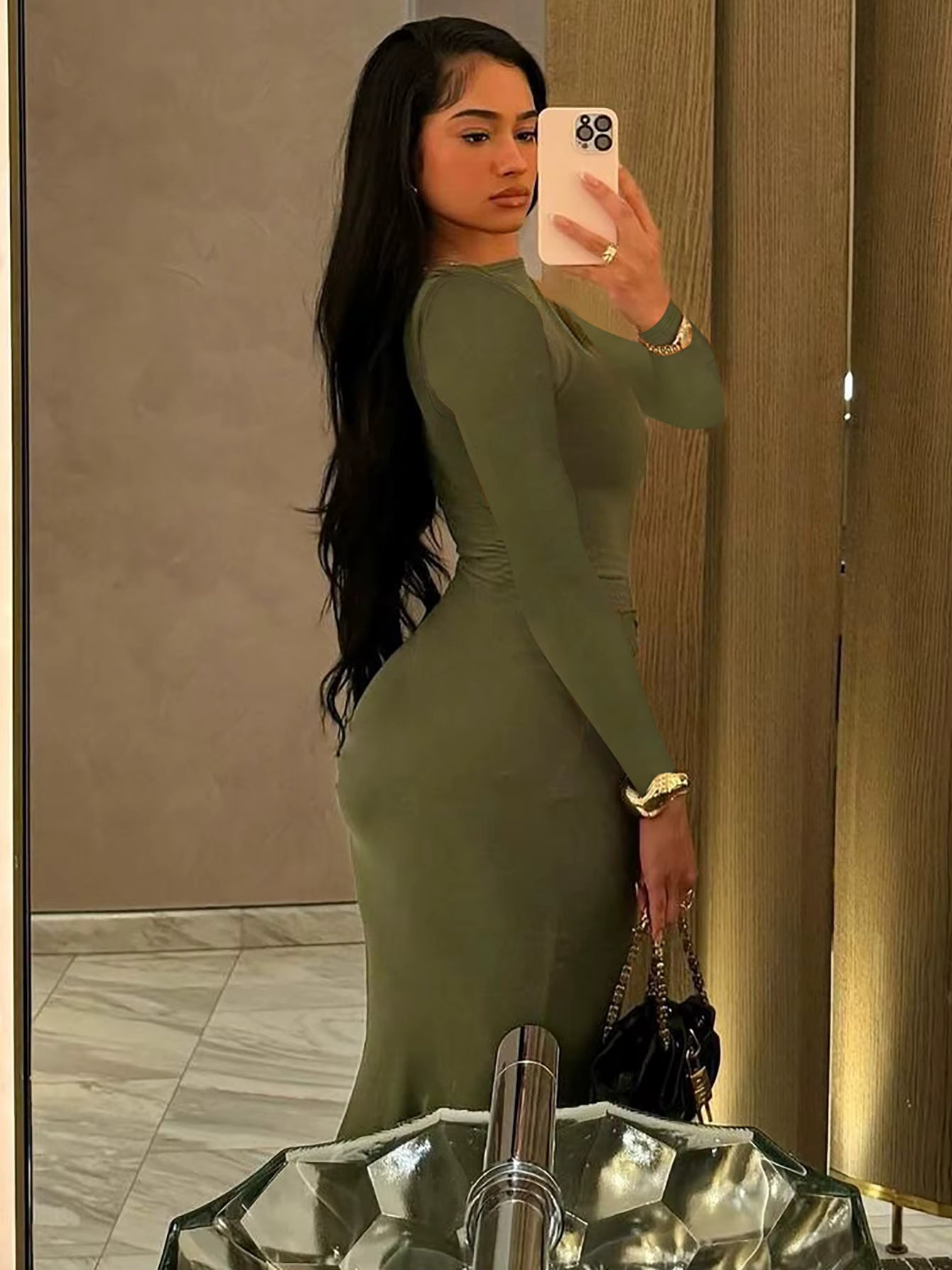 Elegant Solid Long Sleeve Ruched Simple Clothes Cocktail Evening Party Bodycon Maxi Dress