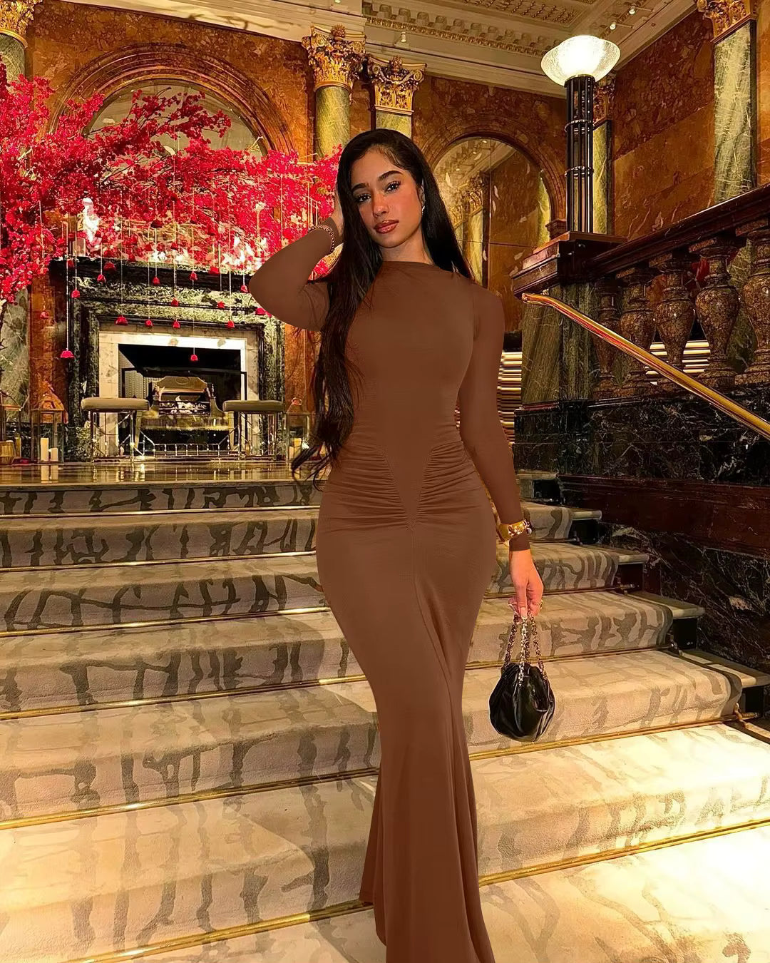Elegant Solid Long Sleeve Ruched Simple Clothes Cocktail Evening Party Bodycon Maxi Dress