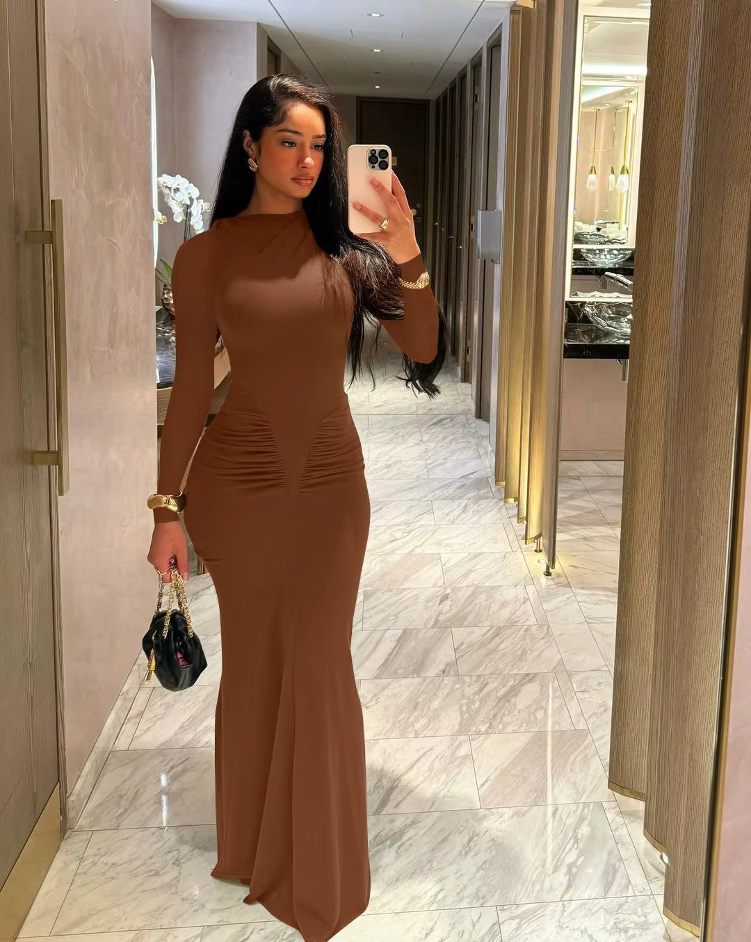 Elegant Solid Long Sleeve Ruched Simple Clothes Cocktail Evening Party Bodycon Maxi Dress