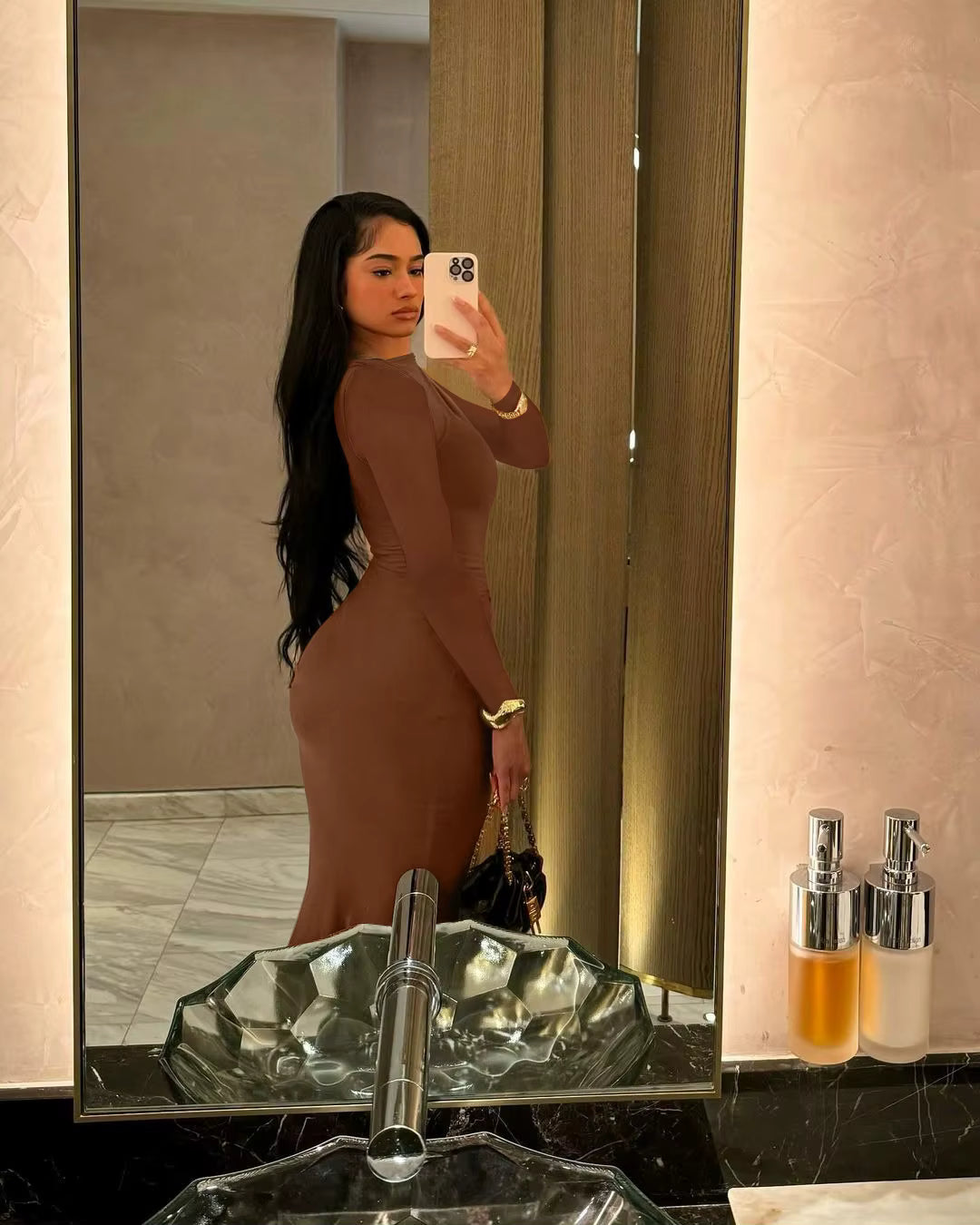 Elegant Solid Long Sleeve Ruched Simple Clothes Cocktail Evening Party Bodycon Maxi Dress