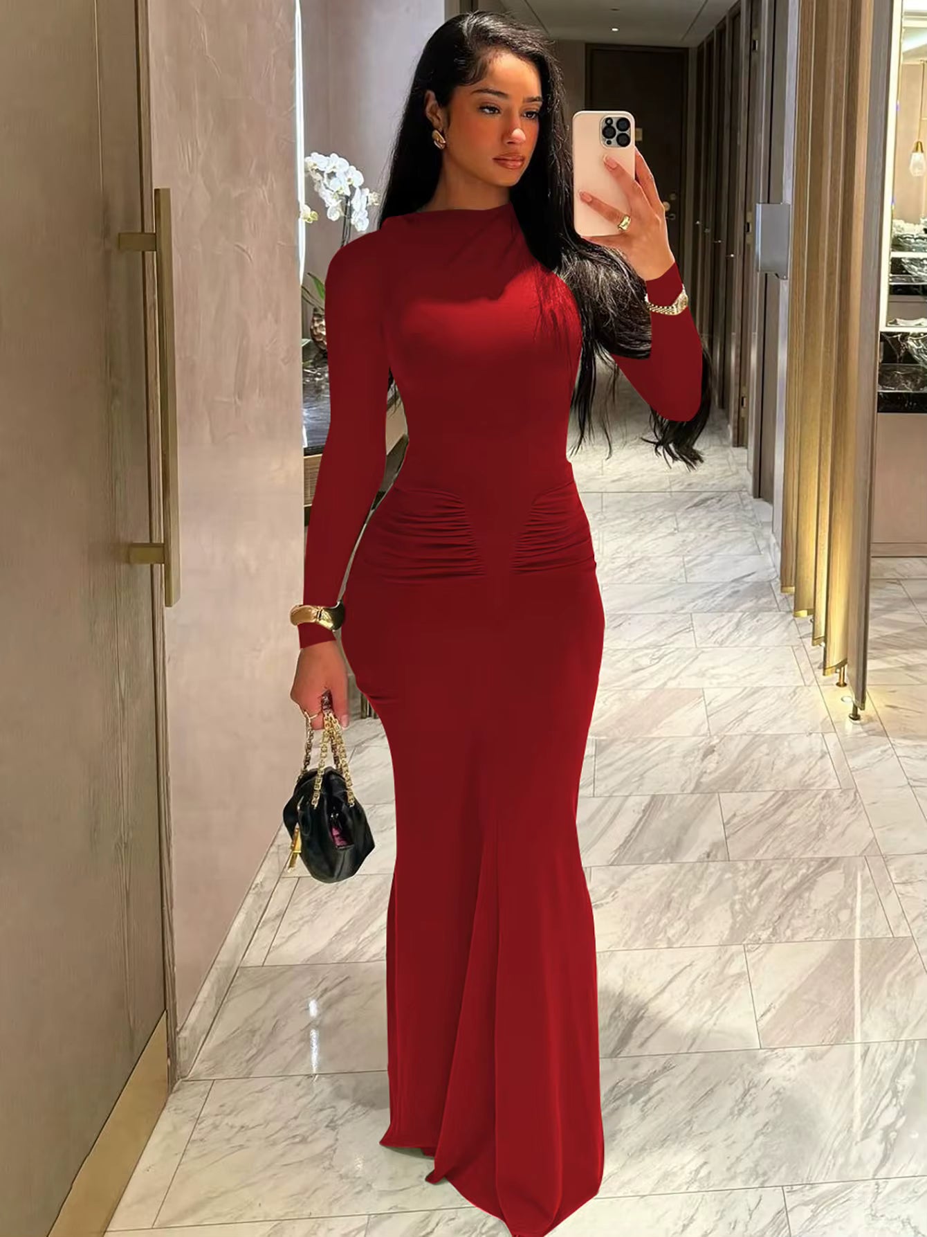 Elegant Solid Long Sleeve Ruched Simple Clothes Cocktail Evening Party Bodycon Maxi Dress