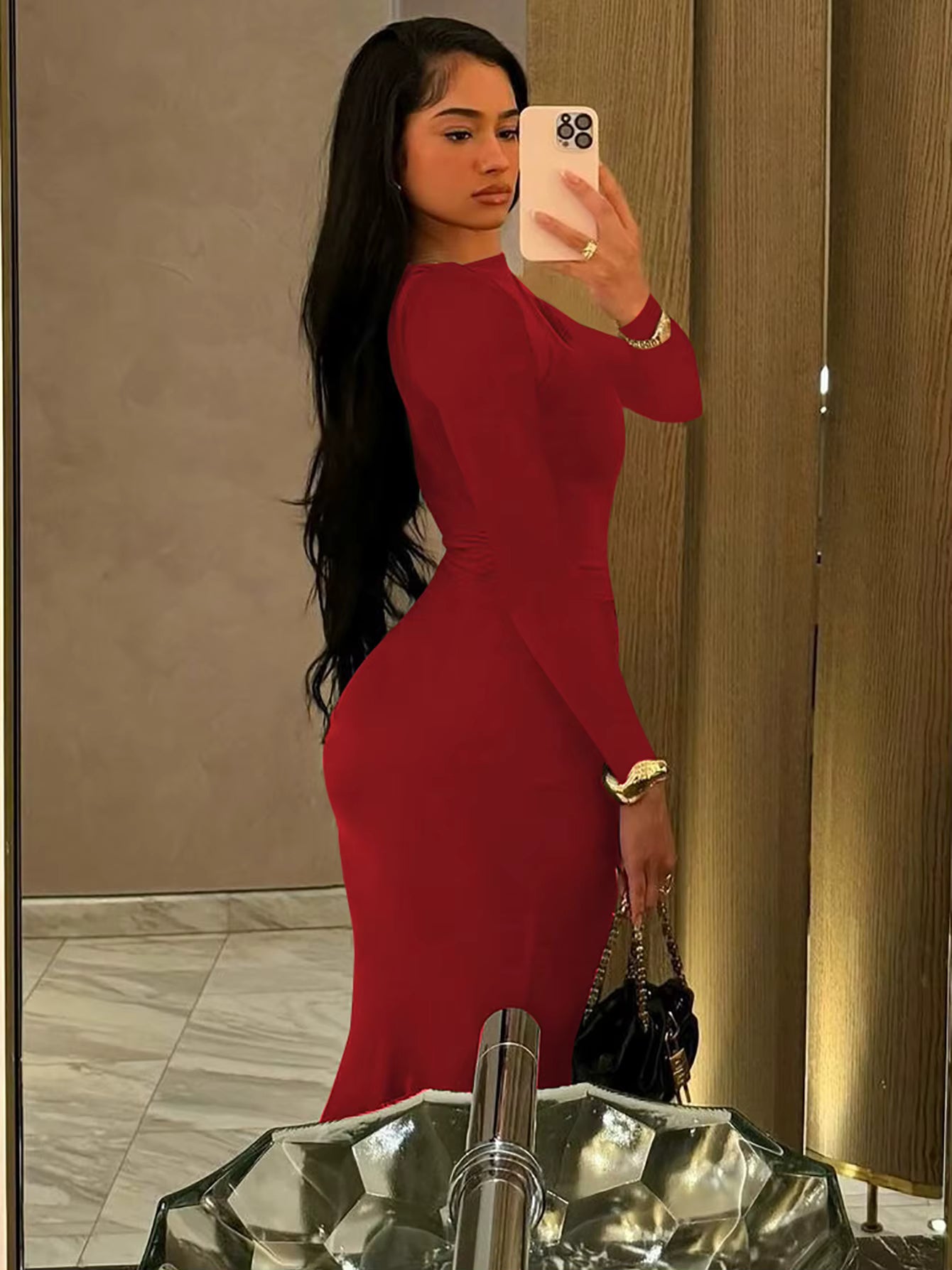 Elegant Solid Long Sleeve Ruched Simple Clothes Cocktail Evening Party Bodycon Maxi Dress