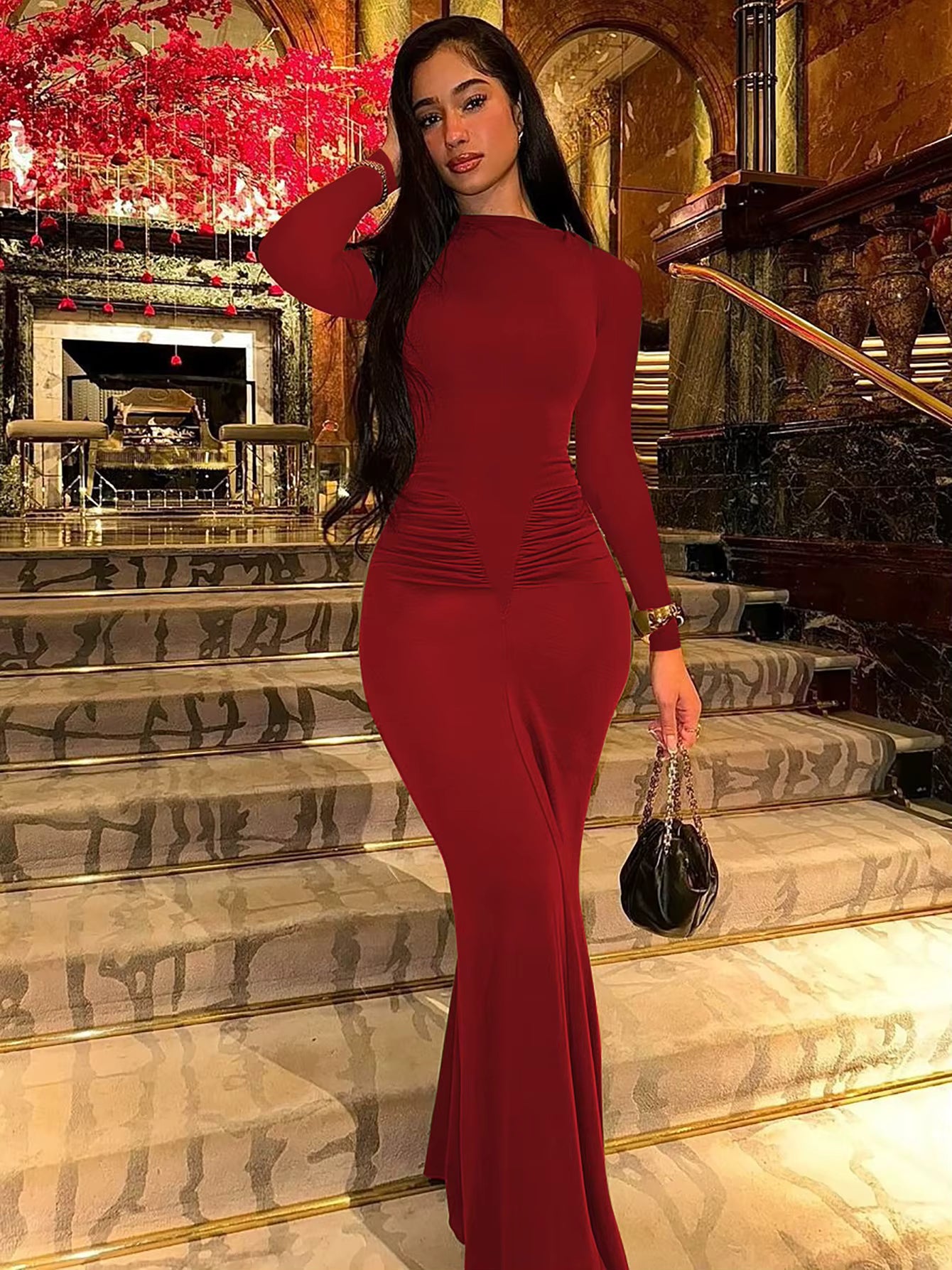 Elegant Solid Long Sleeve Ruched Simple Clothes Cocktail Evening Party Bodycon Maxi Dress
