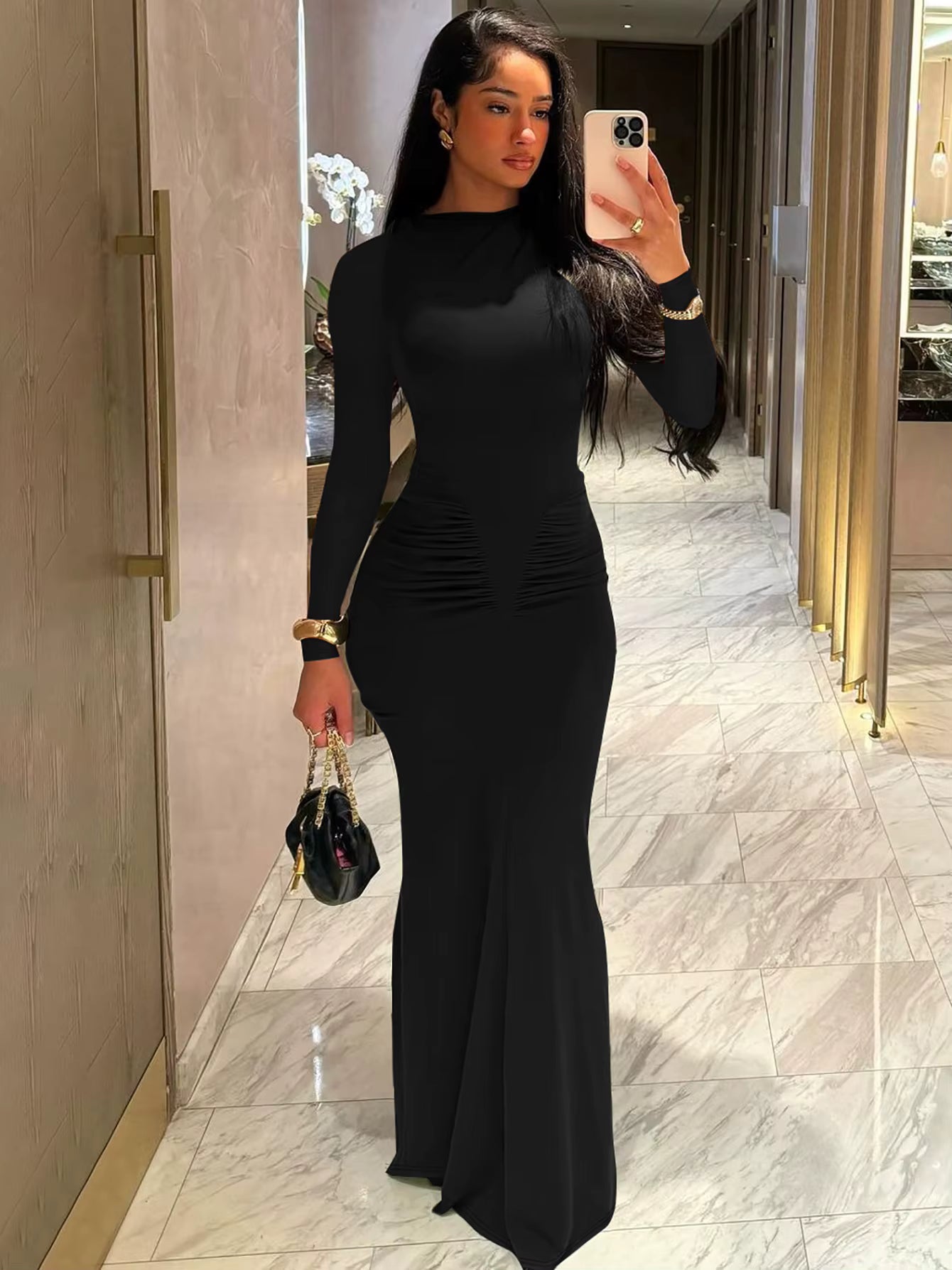 Elegant Solid Long Sleeve Ruched Simple Clothes Cocktail Evening Party Bodycon Maxi Dress