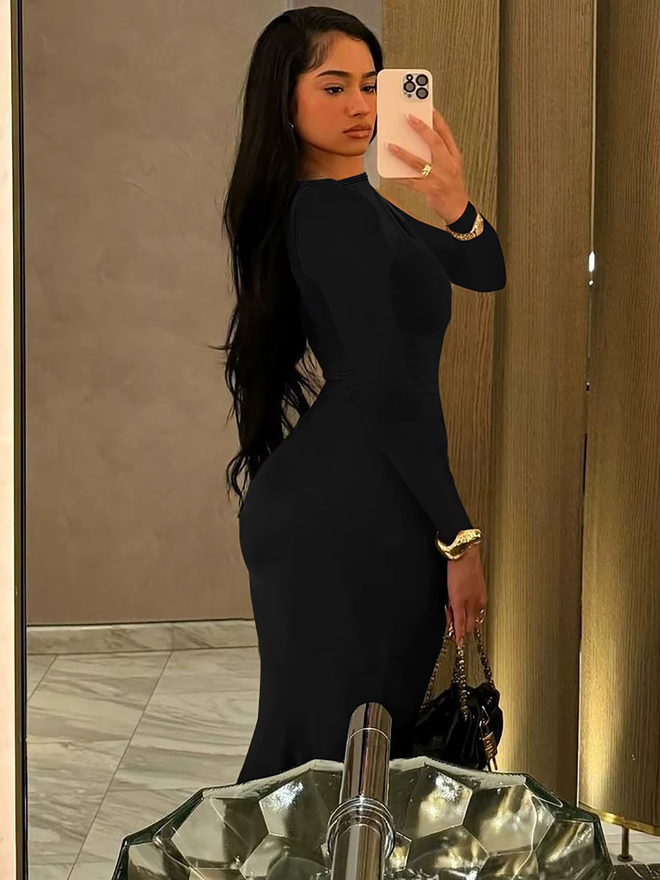 Elegant Solid Long Sleeve Ruched Simple Clothes Cocktail Evening Party Bodycon Maxi Dress