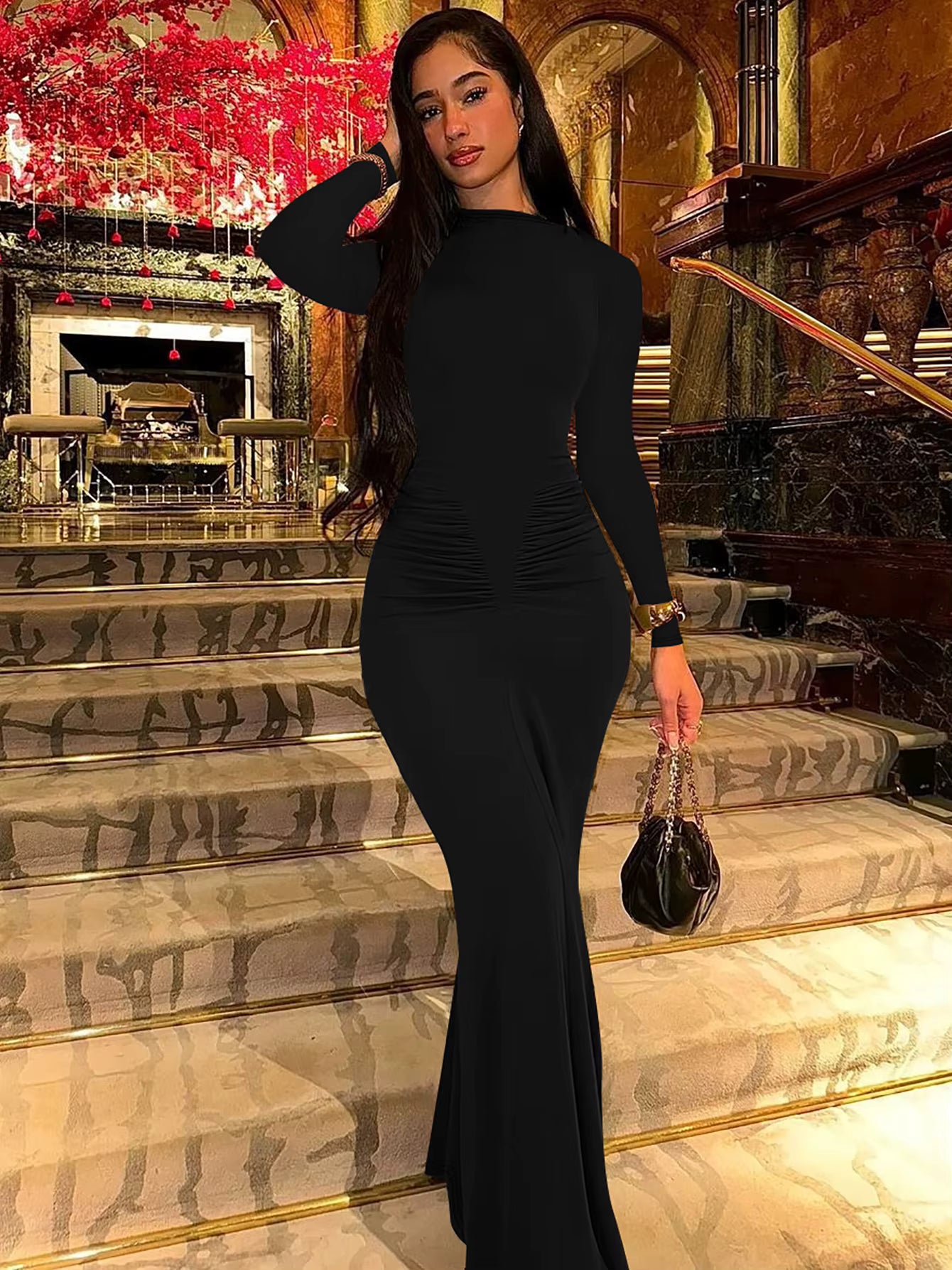 Elegant Solid Long Sleeve Ruched Simple Clothes Cocktail Evening Party Bodycon Maxi Dress