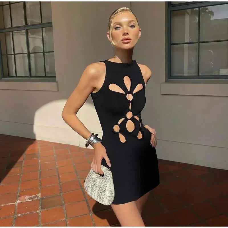 Elegant Solid O-neck Sleeveless Slim Hollow Out Short Dresses