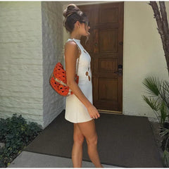 Elegant Solid O-neck Sleeveless Slim Hollow Out Short Dresses