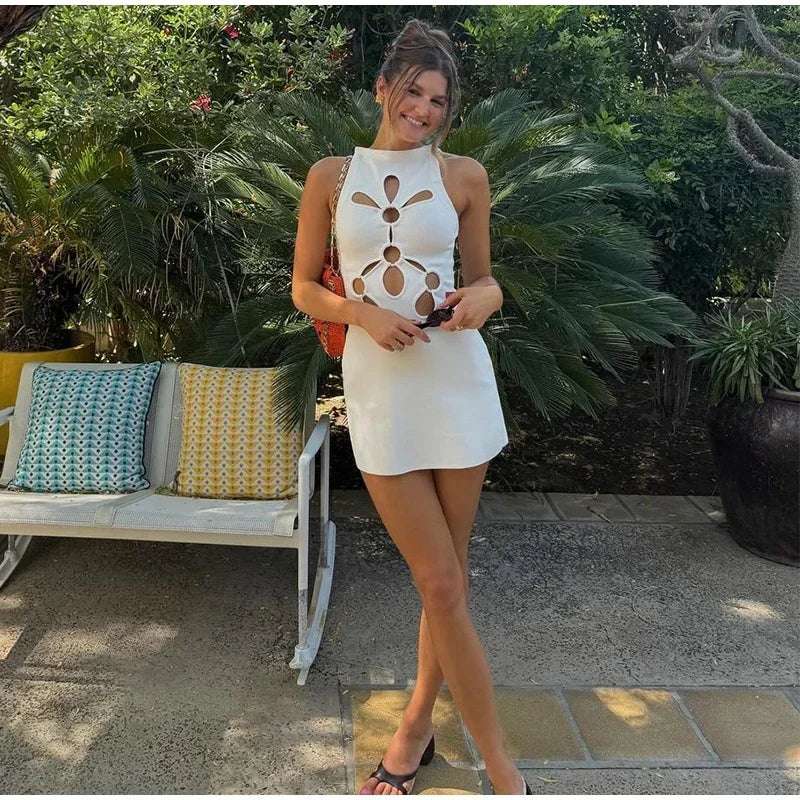 Elegant Solid O-neck Sleeveless Slim Hollow Out Short Dresses