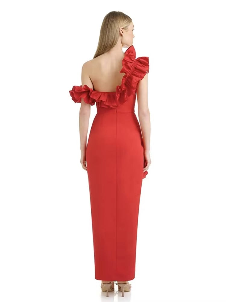 Elegant Solid Patchwork One Shoulder Evening Birthday Party Bodycon Bandage Long Dress