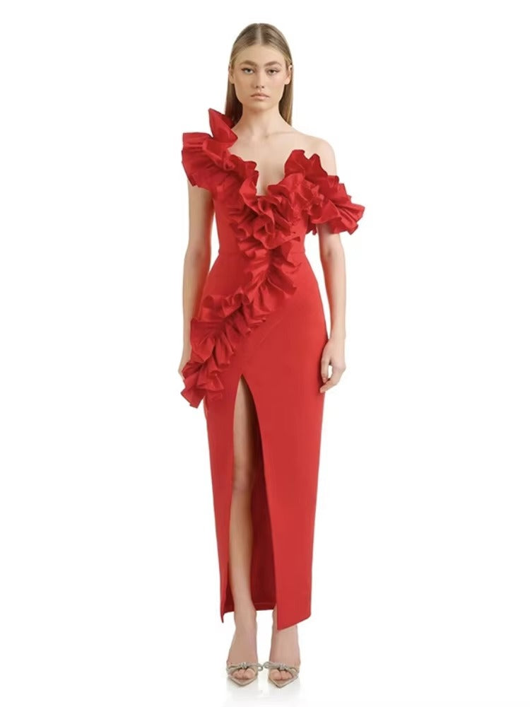 Elegant Solid Patchwork One Shoulder Evening Birthday Party Bodycon Bandage Long Dress