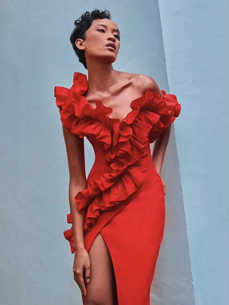 Elegant Solid Patchwork One Shoulder Evening Birthday Party Bodycon Bandage Long Dress