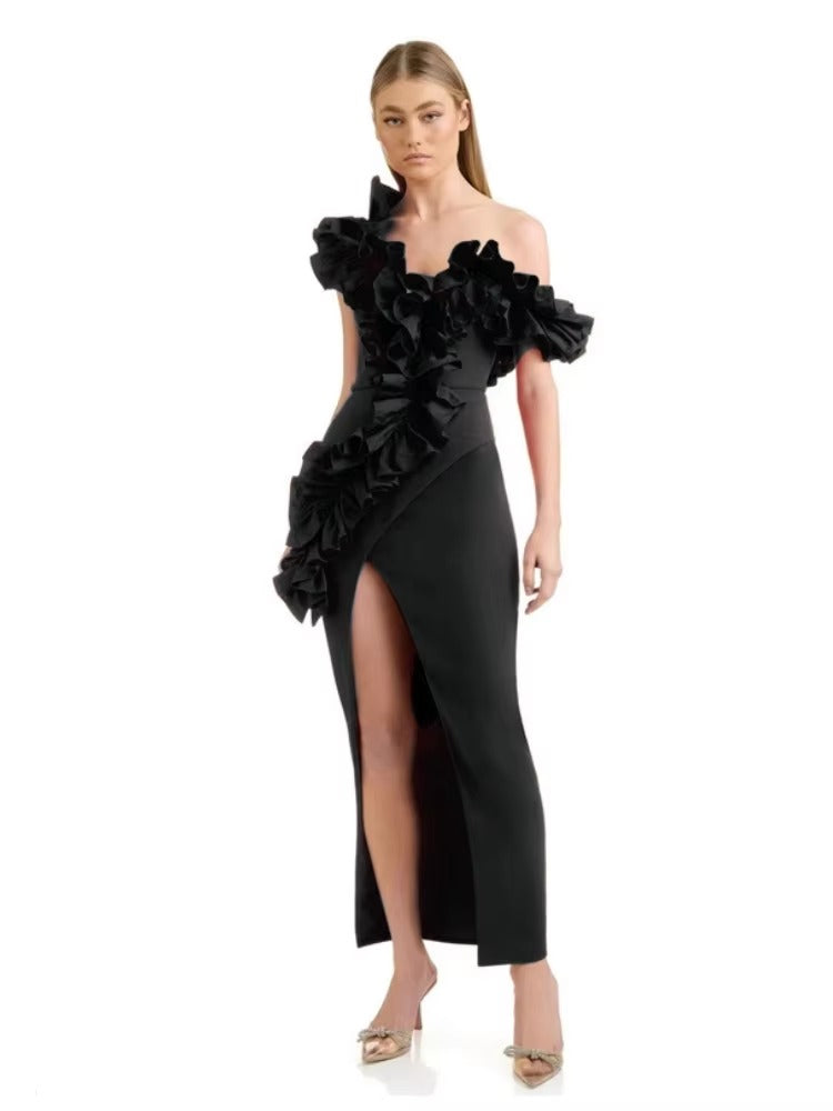 Elegant Solid Patchwork One Shoulder Evening Birthday Party Bodycon Bandage Long Dress