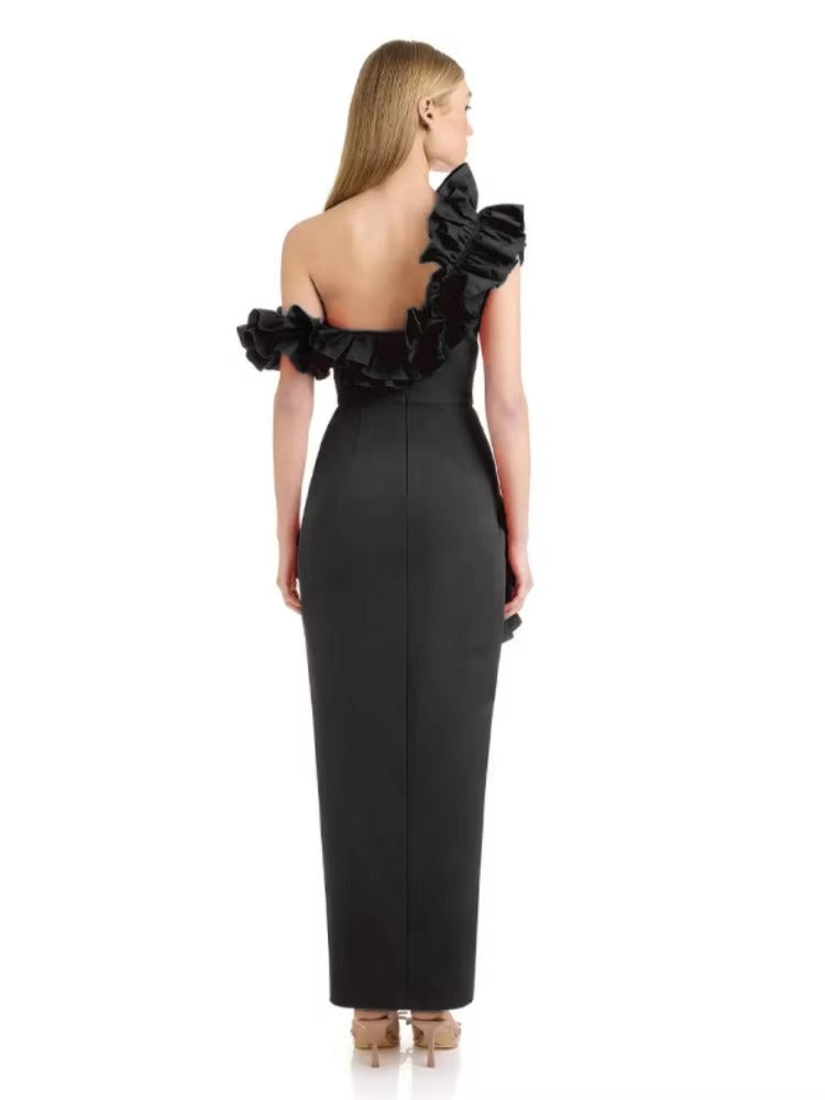 Elegant Solid Patchwork One Shoulder Evening Birthday Party Bodycon Bandage Long Dress