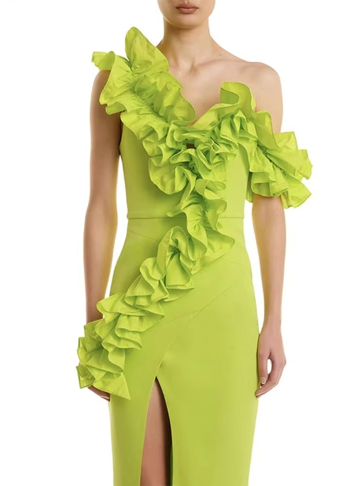Elegant Solid Patchwork One Shoulder Evening Birthday Party Bodycon Bandage Long Dress