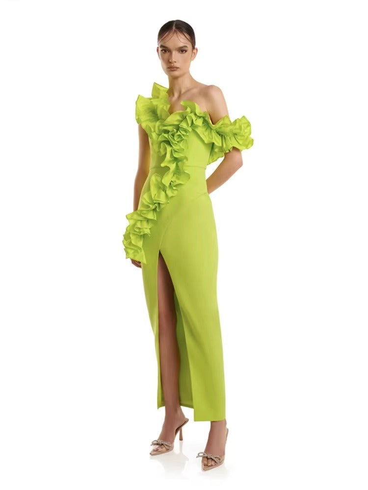 Elegant Solid Patchwork One Shoulder Evening Birthday Party Bodycon Bandage Long Dress