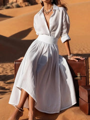 Elegant Solid Patchwork Turn-Down Collar Long Sleeve Chic Maxi Dress
