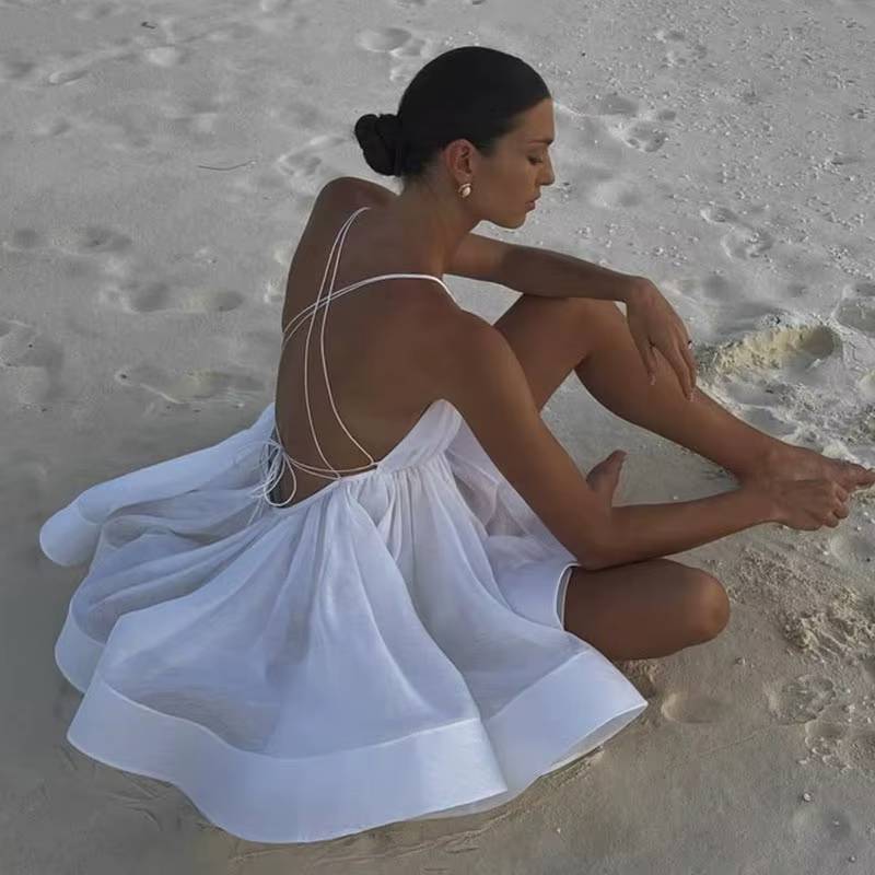 Elegant Solid Robe Lace Up Sleeveless A-line Short Puffy Sling Mini Dress