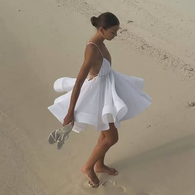Elegant Solid Robe Lace Up Sleeveless A-line Short Puffy Sling Mini Dress