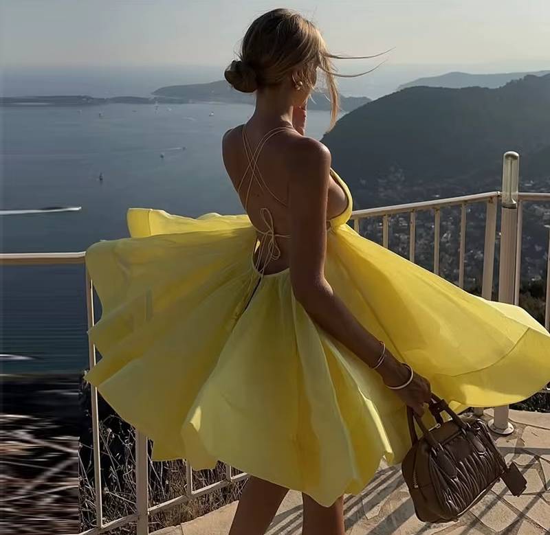 Elegant Solid Robe Lace Up Sleeveless A-line Short Puffy Sling Mini Dress