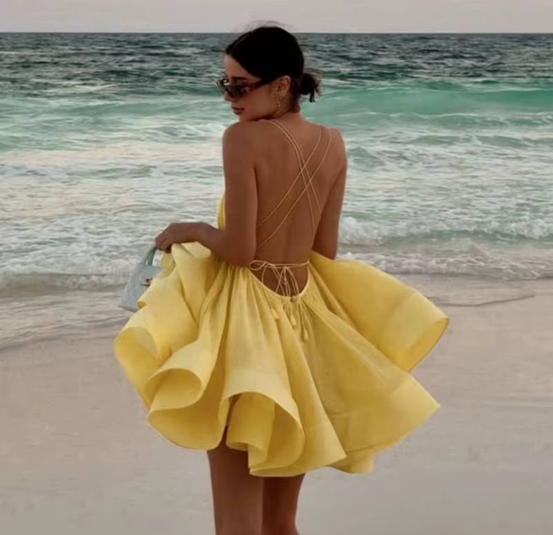 Elegant Solid Robe Lace Up Sleeveless A-line Short Puffy Sling Mini Dress