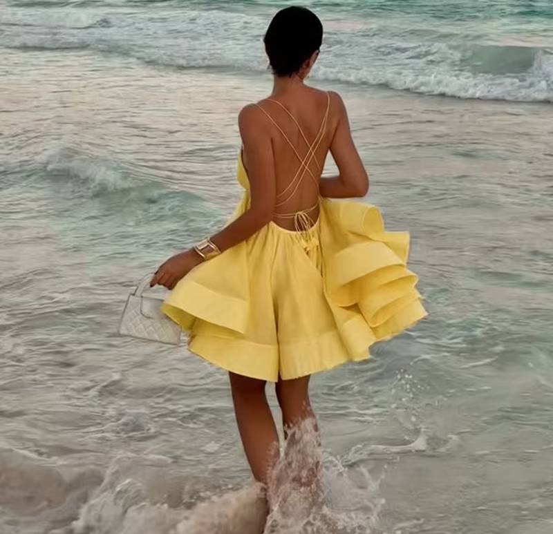 Elegant Solid Robe Lace Up Sleeveless A-line Short Puffy Sling Mini Dress