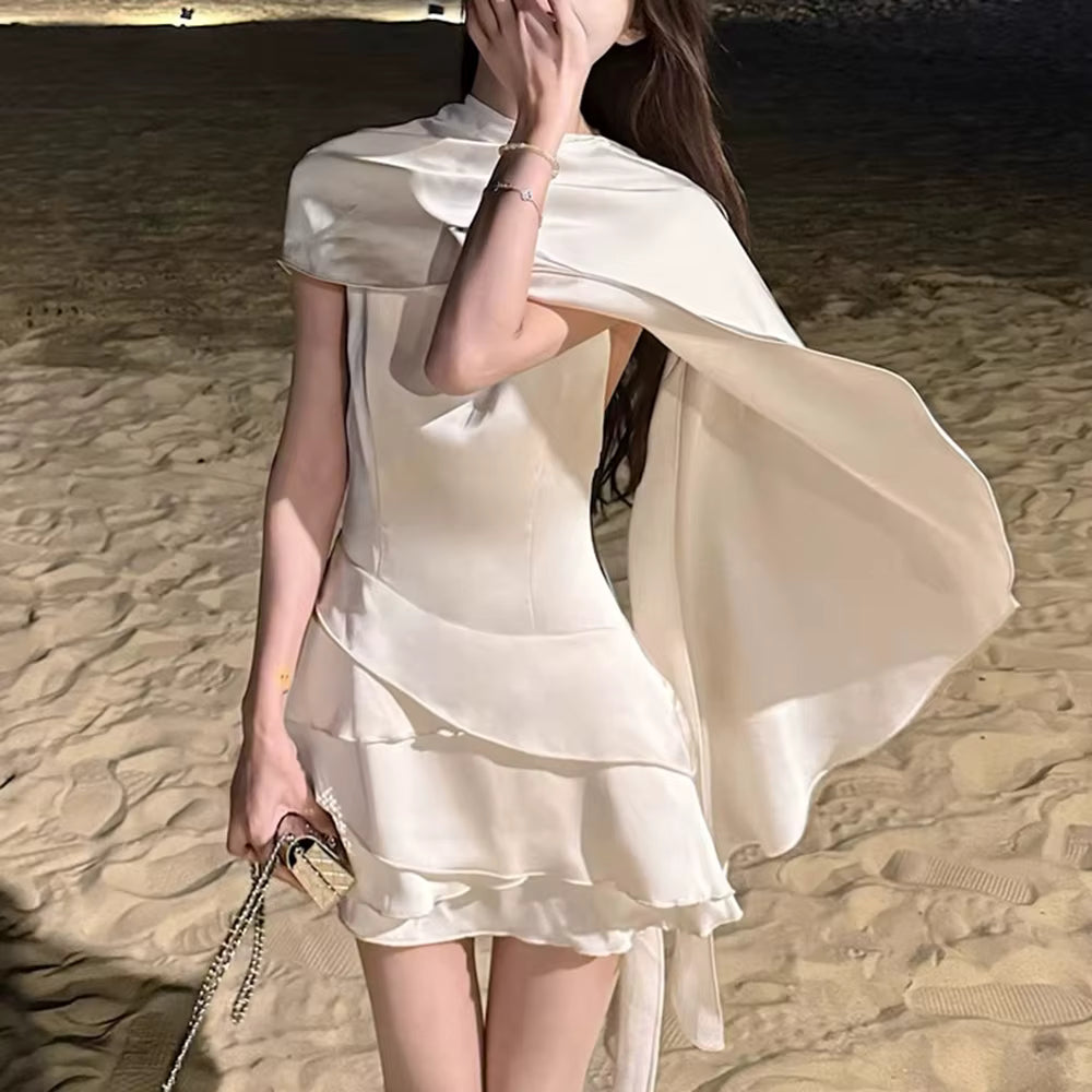 Elegant Solid Round Neck Sleeveless Patchwork Lace Up Irregular Mini Dress
