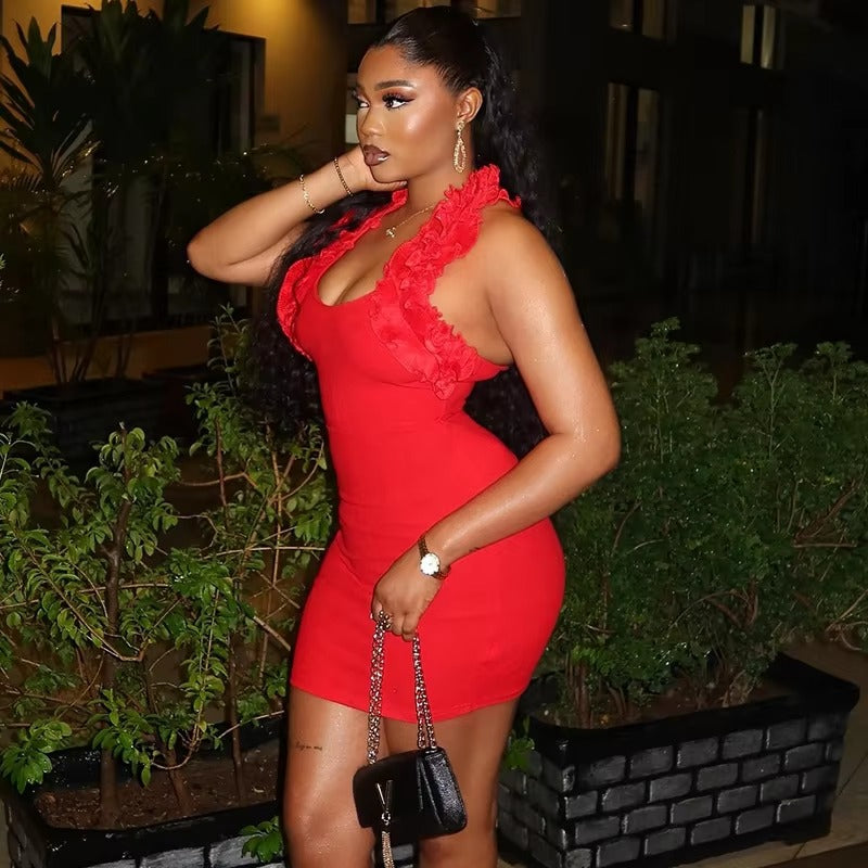 Elegant Solid Ruffles Halter Low Cut Body Shaping Mini Dress