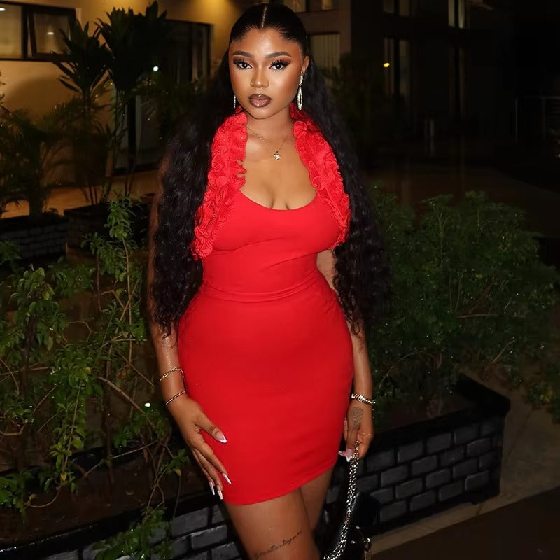 Elegant Solid Ruffles Halter Low Cut Body Shaping Mini Dress