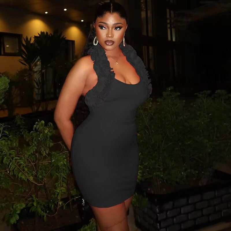 Elegant Solid Ruffles Halter Low Cut Body Shaping Mini Dress
