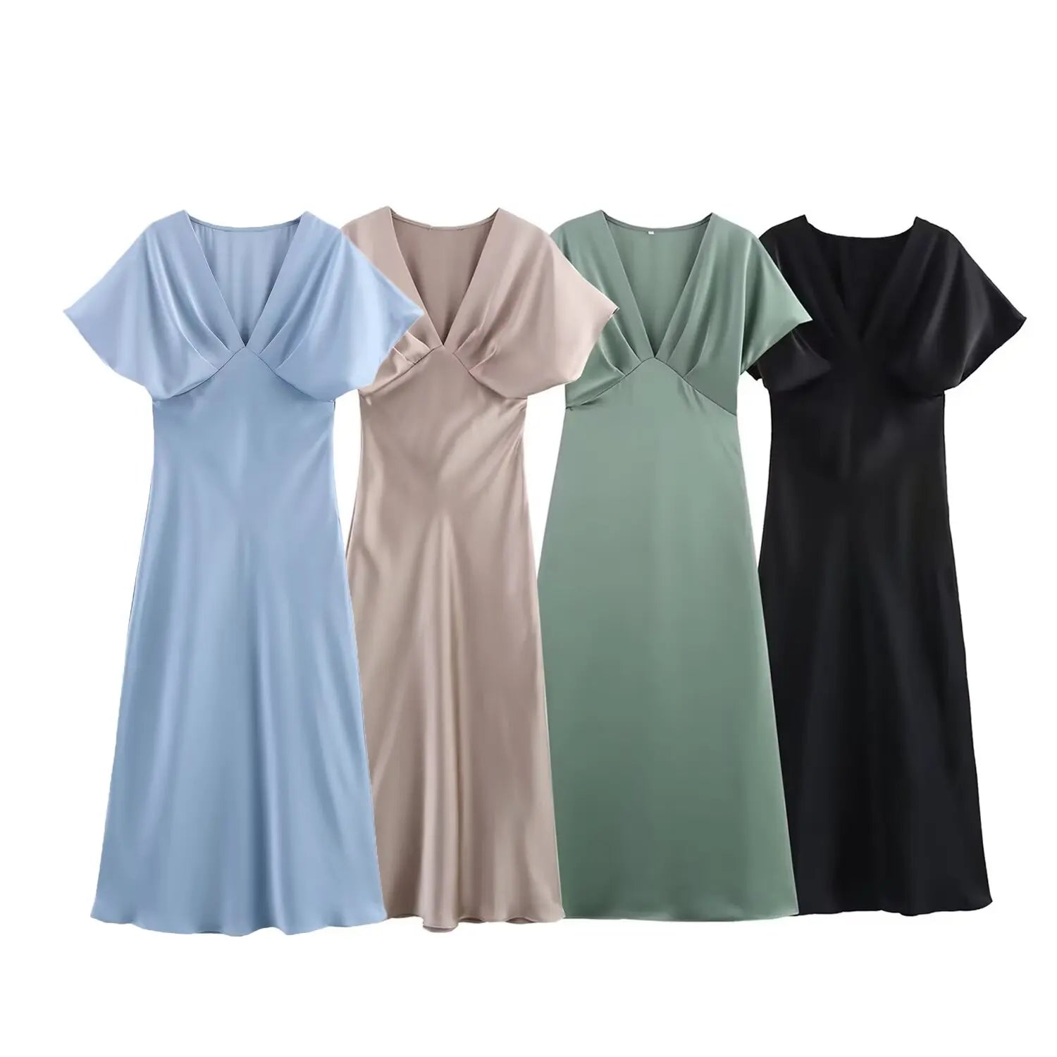 Elegant Solid Satin Zipper Synthetic fiber V Neck Short Sleeve Midi Dress