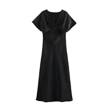 Elegant Solid Satin Zipper Synthetic fiber V Neck Short Sleeve Midi Dress