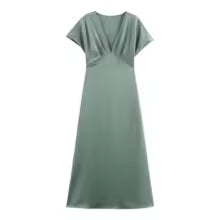 Elegant Solid Satin Zipper Synthetic fiber V Neck Short Sleeve Midi Dress