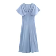 Elegant Solid Satin Zipper Synthetic fiber V Neck Short Sleeve Midi Dress