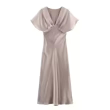 Elegant Solid Satin Zipper Synthetic fiber V Neck Short Sleeve Midi Dress