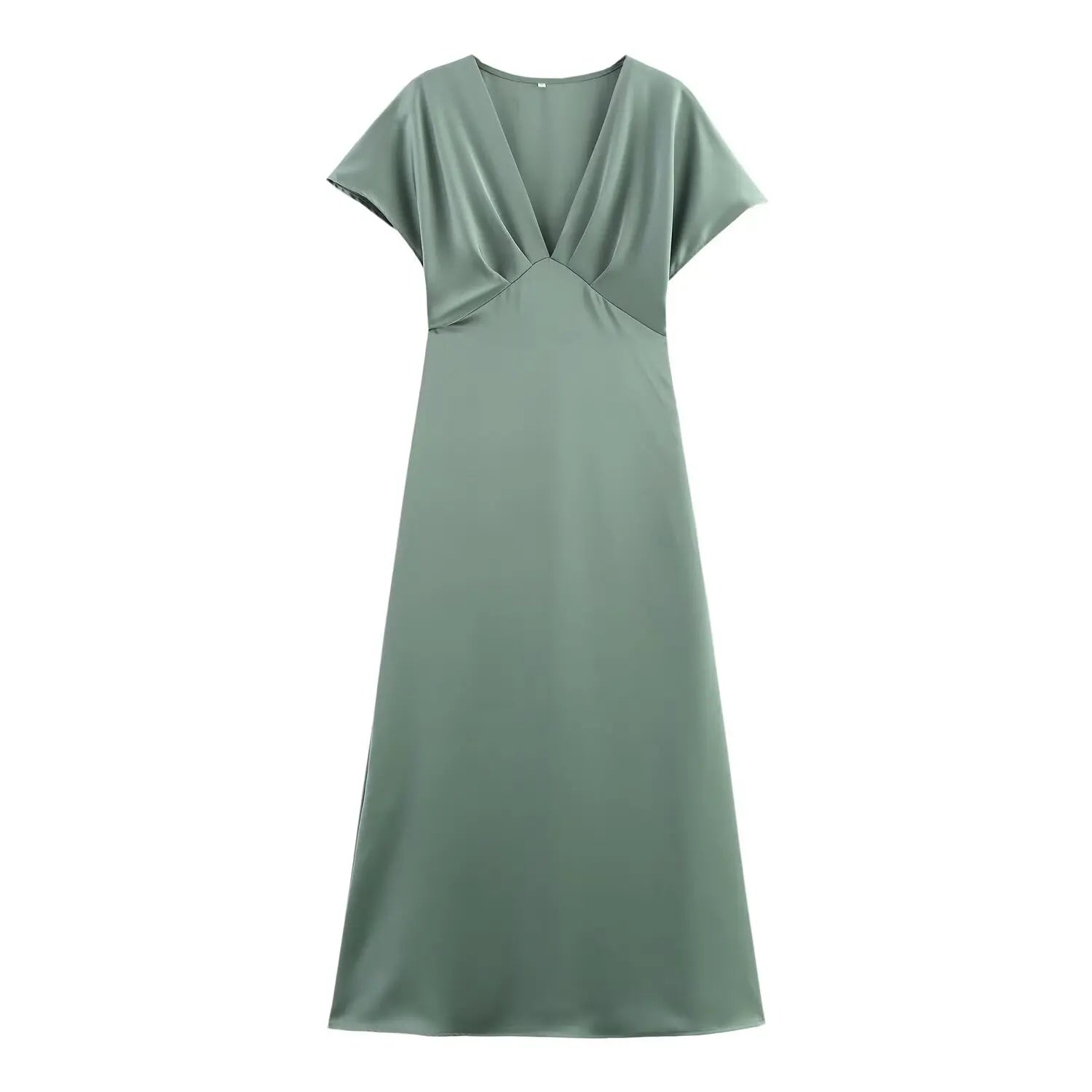Elegant Solid Satin Zipper Synthetic fiber V Neck Short Sleeve Midi Dress