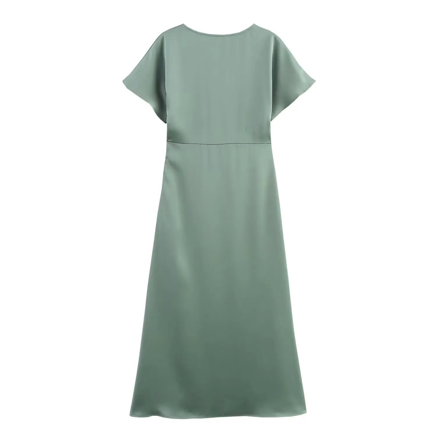 Elegant Solid Satin Zipper Synthetic fiber V Neck Short Sleeve Midi Dress